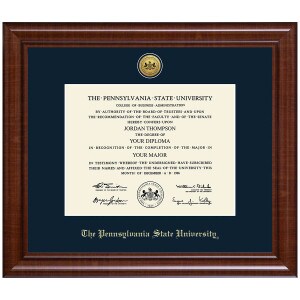 diploma frame #132, gold medallion seal The Pennsylvania State University, navy mat, Prescott molding walnut finish
